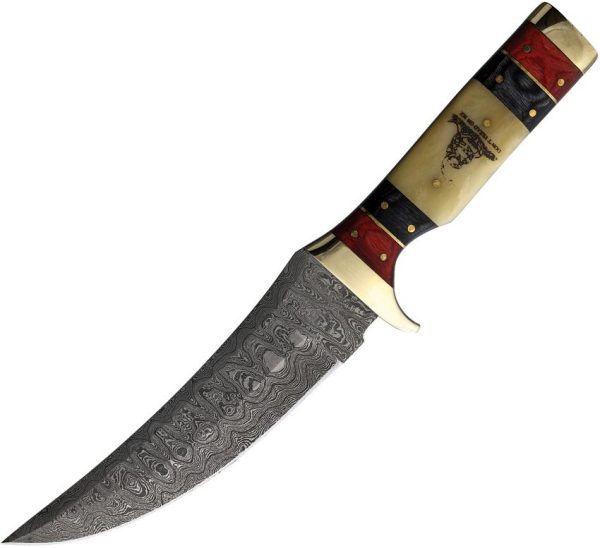 Rough Rider Damascus Skinner Fixed Blade Knife Red Black Bone Handle