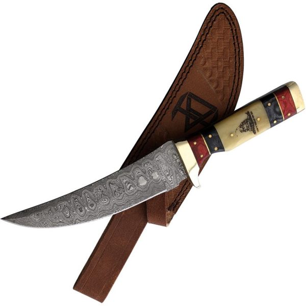 Rough Rider Damascus Skinner Fixed Blade Knife Red Black Bone Handle