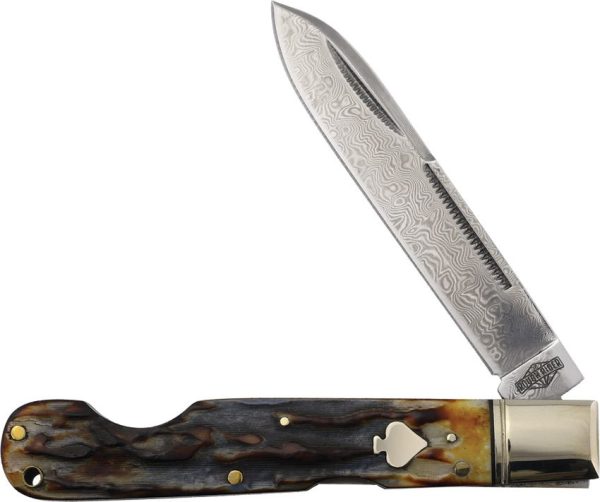 Rough Rider Lockback Cinnamon Bone Damascus Folding Knife