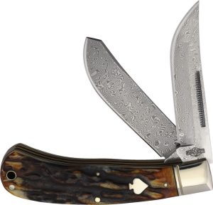 Rough Rider Upswept Trapper Damascus - Cinnamon Bone