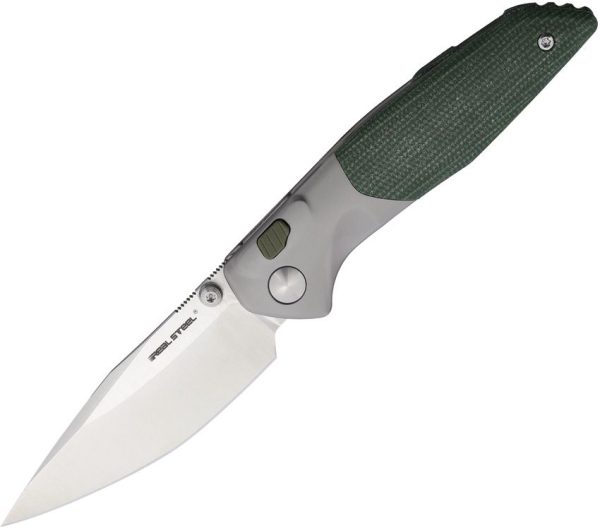 Real Steel Hoeft Button Lock Folding Knife S35VN Green Micarta