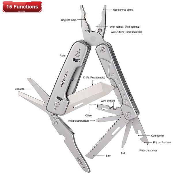 ROXON Phantom 14-in-1 Multi Tool Silver Aluminum Folding EDC