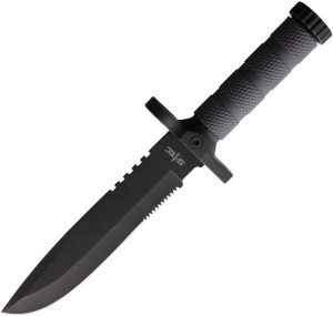 S-TEC Survival Knife Black 7.5 inches Serrated Compass