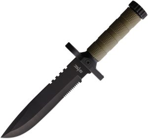 S-TEC Survival Knife OD Green 7.5 inches Serrated Compass