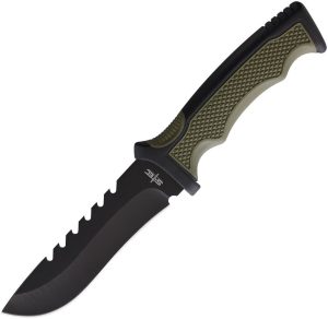S-TEC Fixed Blade Sawback 4.5 inches Black Green Rubber