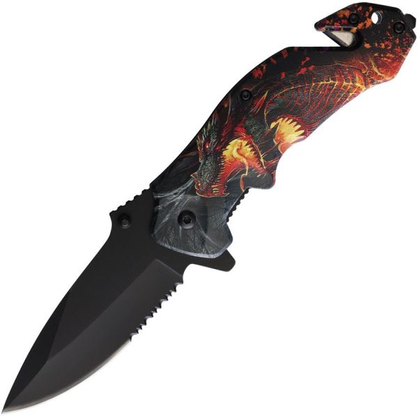 S-TEC Assisted Linerlock Dragon Flame Serrated