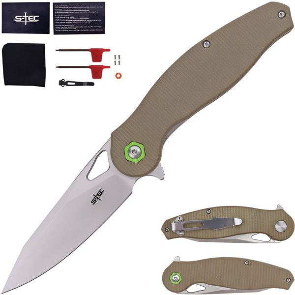 S-TEC Linerlock Khaki Folding Knife 14C28N Sandvik Blade