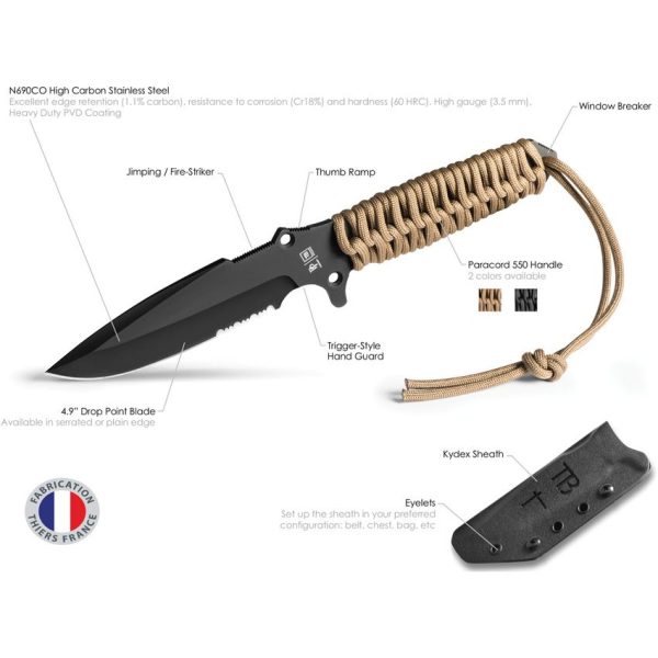 TB Outdoor Survival Fixed Blade Black 4.5" MOX Steel Knife