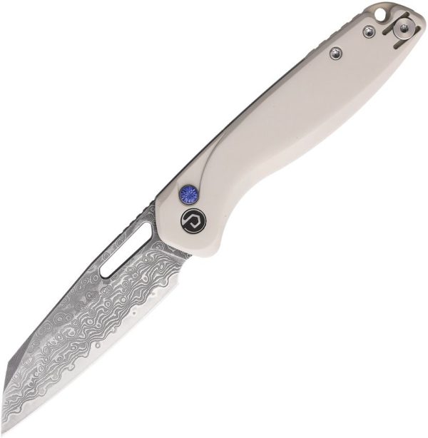 Defcon Warhawk Button Lock Folding Knife Damascus Steel White