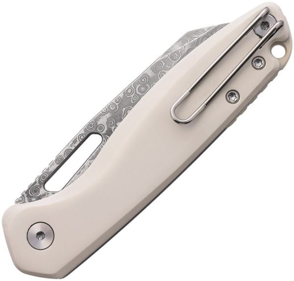 Defcon Warhawk Button Lock Folding Knife Damascus Steel White