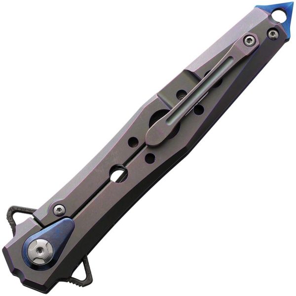 Defcon JK Series Stiletto Framelock Damascus Blue Titanium Folding Knife