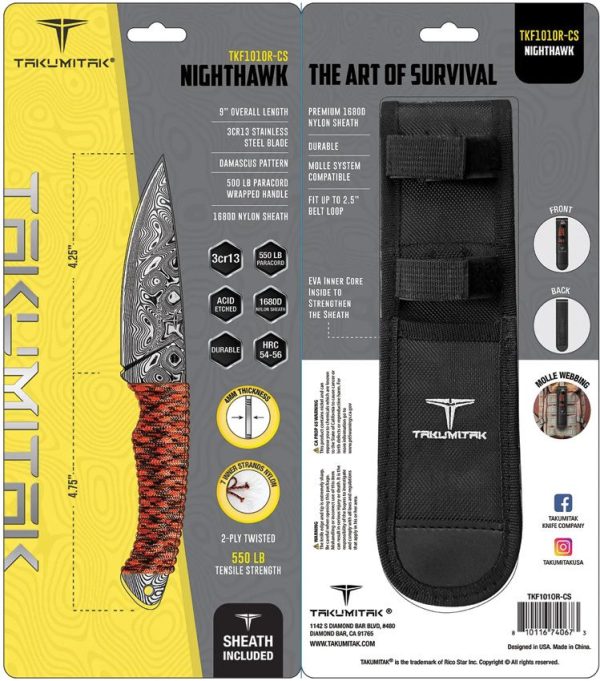 Takumitak Nighthawk Fixed Blade - Orange Cord Handle