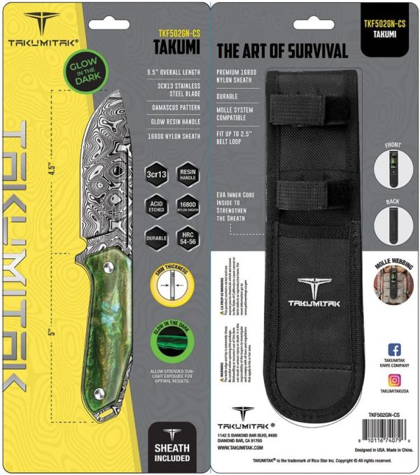 Takumitak Takumi Fixed Blade - Damascus Drop Point Green