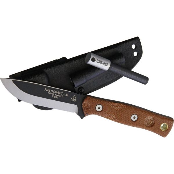 TOPS Fieldcraft 3.5 Fixed Blade Knife 1095HC Steel Tan Micarta