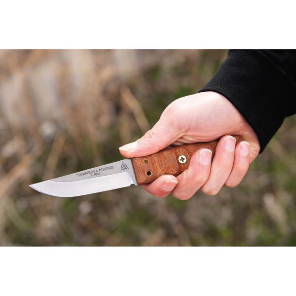 TOPS Tanimboca Puukko Fixed Blade 1095HC Steel Knife Brown Sheath
