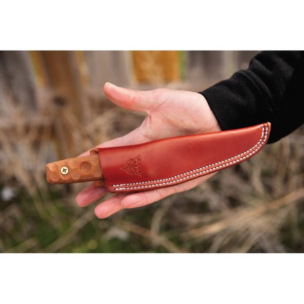 TOPS Tanimboca Puukko Fixed Blade 1095HC Steel Knife Brown Sheath