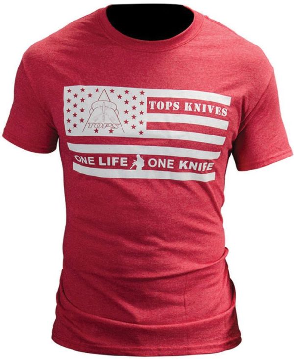 TOPS One Life One Knife Flag Logo T-Shirt Red Medium