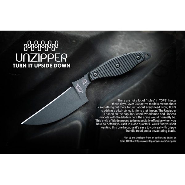 TOPS Unzipper Fixed Blade Knife 1095HC Steel Black G10