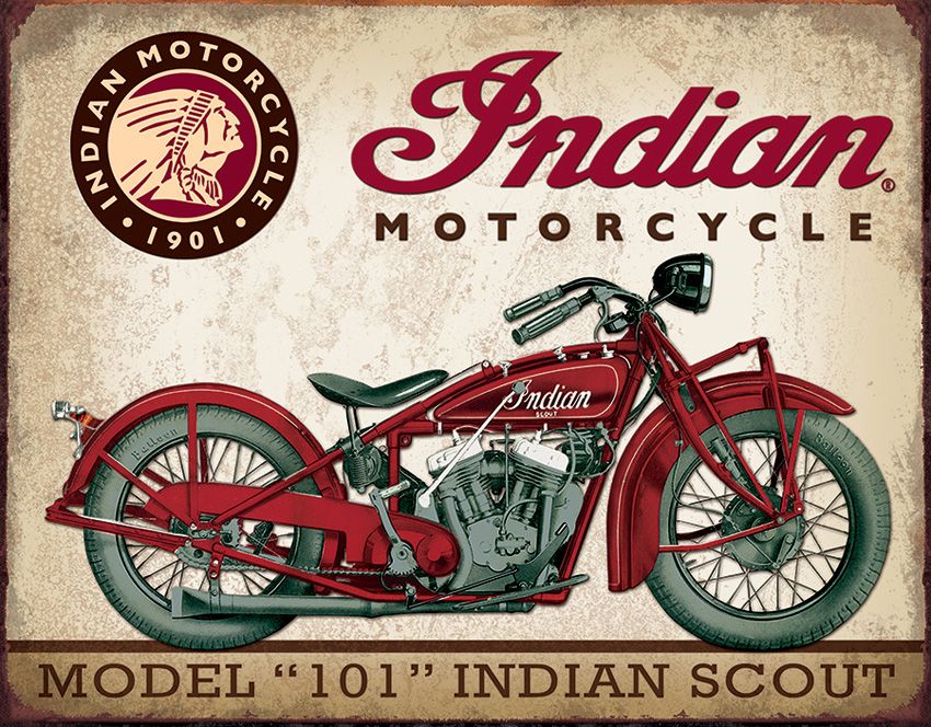 Tin Signs Indian Scout Motorcycle Model 101 Embossed Tin Sign 12.5" x 16"