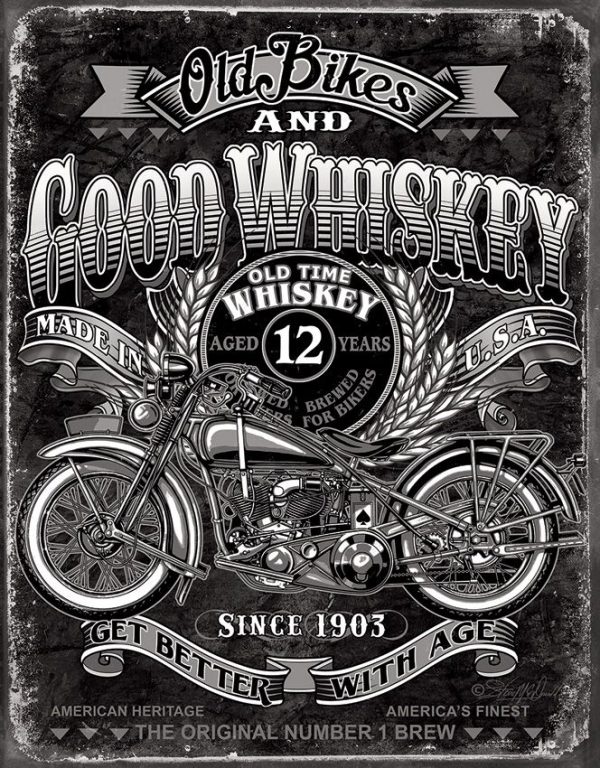 Tin Signs Old Bikes Good Whiskey Vintage Tin Sign - 12.5 x 16 inches