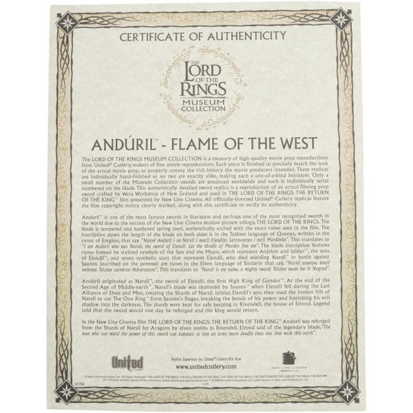 United Cutlery LOTR Anduril 1060HC Steel Sword Museum Collection