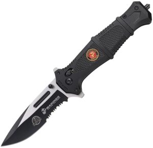 USMC Rapid Lock Black Folding Knife 3.9" Serrated Stainless Blade