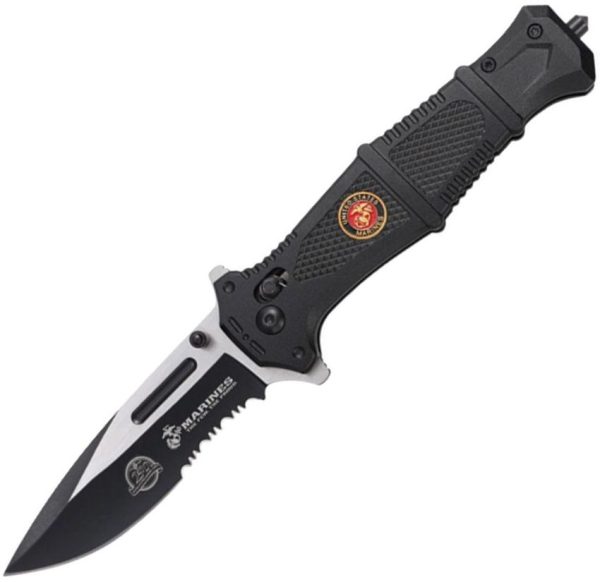 USM3010BK.jpg USMC Rapid Lock Black Folding Knife 3.9" Serrated Stainless Blade
