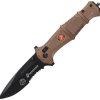 USMC Rapid Lock Tan Folding Knife 3.9" Serrated Blade Glass Breaker