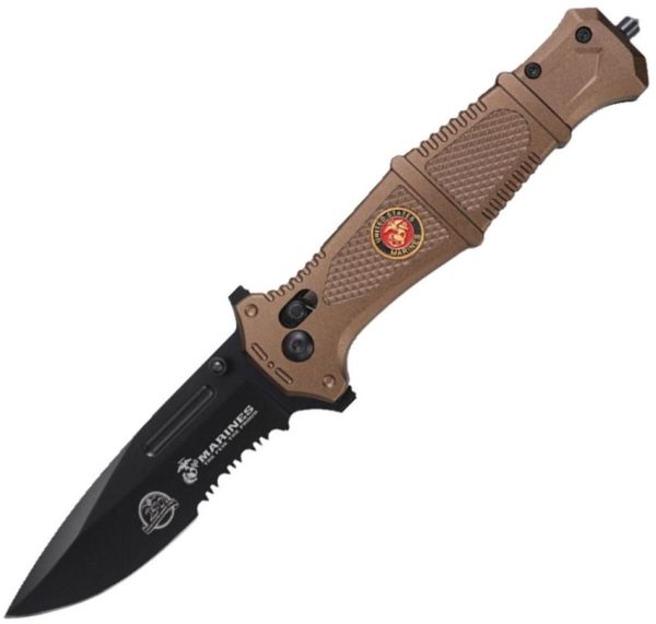 USMC Rapid Lock Tan Folding Knife 3.9" Serrated Blade Glass Breaker