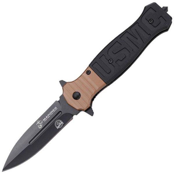 USMC Linerlock Black Tan G10 Folding Knife 3.5" Blade