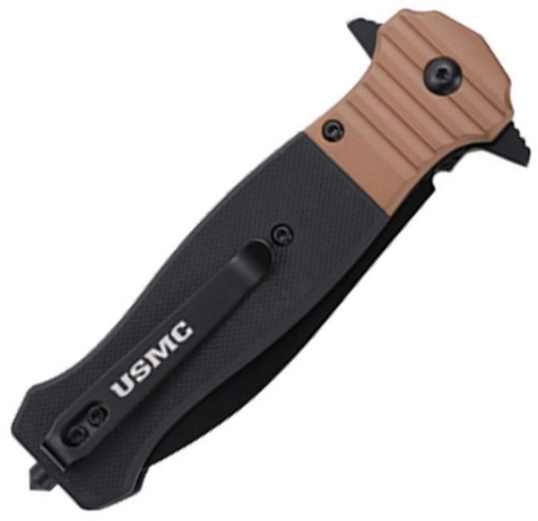 USMC Linerlock Black Tan G10 Folding Knife 3.5" Blade