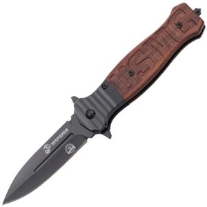 USMC Linerlock Wood Folding Knife 3.5" Black Oxide Blade