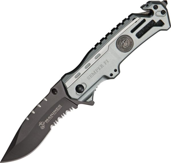 USMA1002DS.jpg USMC Rescue A/O Linerlock Knife - Silver Aluminum