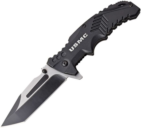 USMA1058BK.jpg USMC Linerlock A/O Tanto Black Aluminum