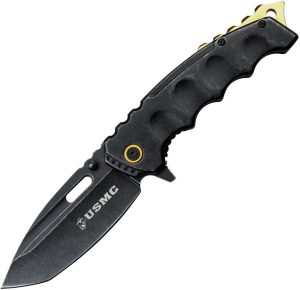 USMC Framelock A/O Black Knife - Gold Hardware
