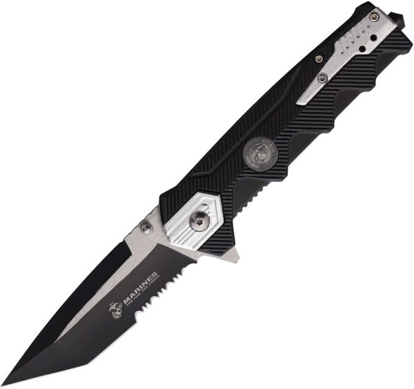 USMA3004GY.jpg USMC Linerlock A/O Folding Knife 3.5" Black Serrated Tanto