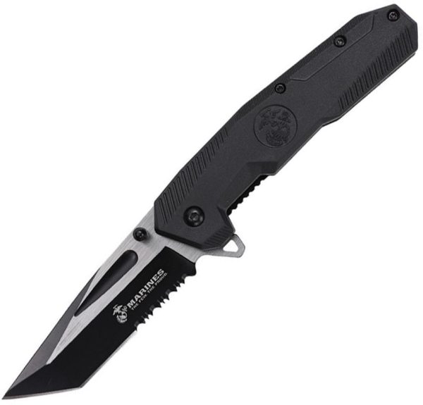 USMA3007BK.jpg USMC Linerlock A/O Tanto Black Nylon Serrated