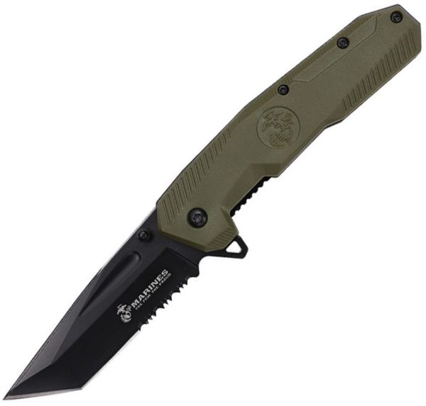 USMA3007GN.jpg USMC Linerlock A/O Tanto Green Nylon Serrated