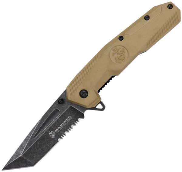 USMC Linerlock A/O Tanto Tan Nylon Serrated