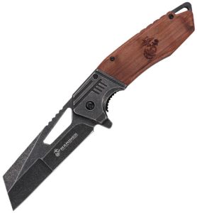 USMA3008BN.jpg USMC Linerlock A/O Wharncliffe Brown Wood