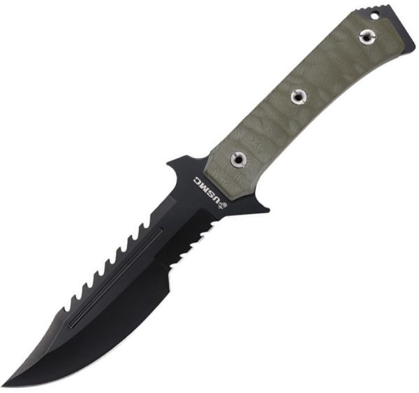 USMC Fixed Blade Green 7" Black Serrated Stainless Tactical Knife