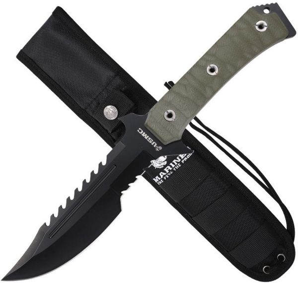 USMC Fixed Blade Green 7" Black Serrated Stainless Tactical Knife
