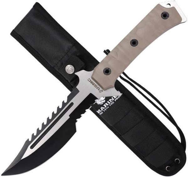 USMC Fixed Blade Tan 7" Serrated Stainless Tactical Knife