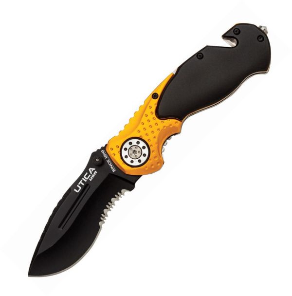 Utica Rescue Linerlock - Black/Orange Serrated Blade