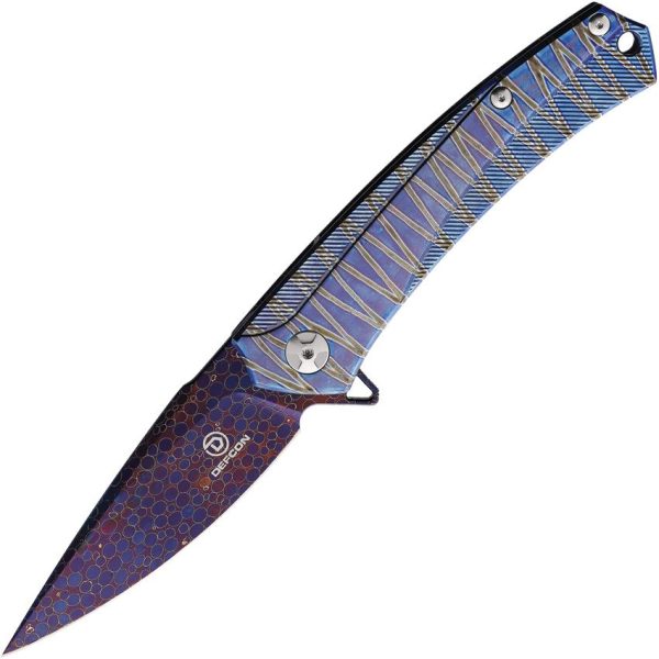 Defcon JK Series Framelock Damascus Folding Knife 3.75" Blue Titanium