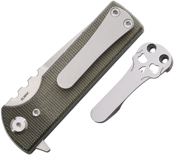 Chaves Knives TAK Redencion Linerlock Folding Knife 2.75" Elmax Blade Green Canvas Micarta