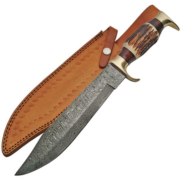 Damascus Stag Bowie Fixed Blade Knife 10.5" Damascus Steel Clip Point