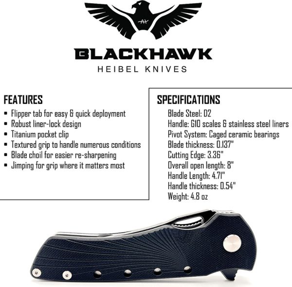 Heibel Knives Blackhawk Linerlock Folding Knife 3.5" D2 Black