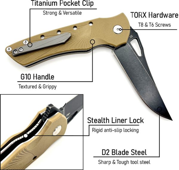 HBKBLKBT_add_02 Heibel Knives Blackhawk Linerlock Folding Knife Tan G10 3.5" D2