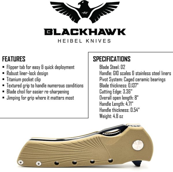 HBKBLKBT_add_03 Heibel Knives Blackhawk Linerlock Folding Knife Tan G10 3.5" D2